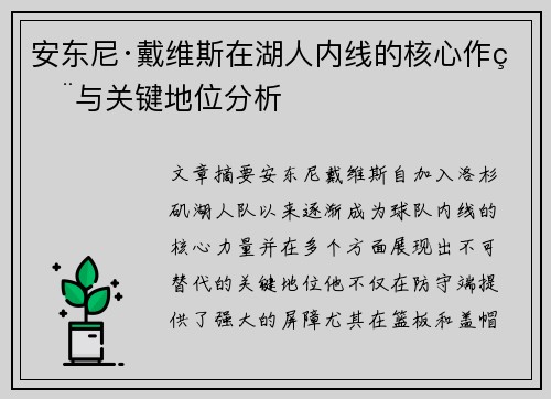安东尼·戴维斯在湖人内线的核心作用与关键地位分析